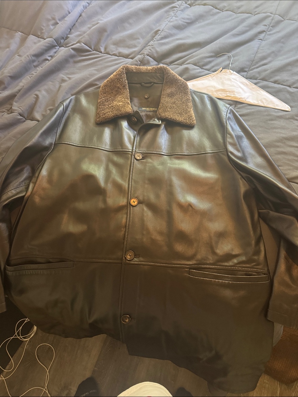 Bruno magli Men's Brown Leather Button-Front Coat with Sherpa Collar